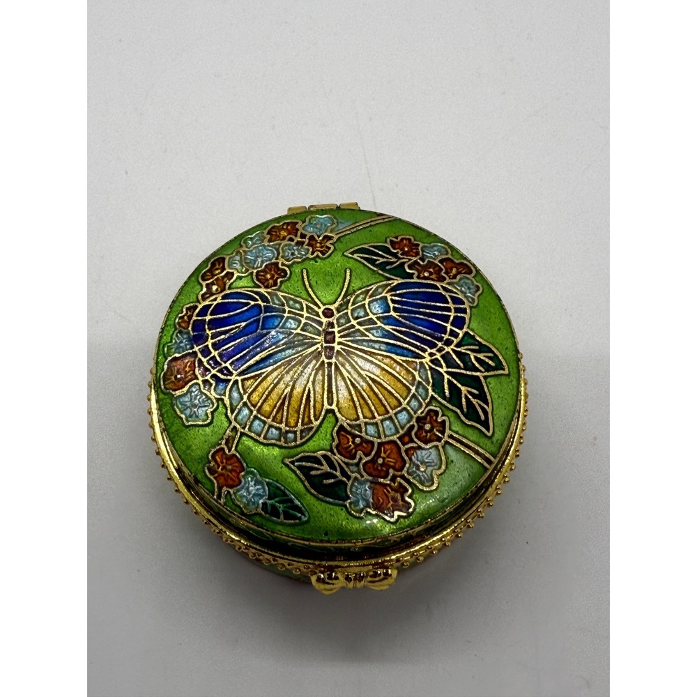 Vintage Cloisonne Butterfly Trinket Box Enamel Green Gold Round Hinged Case